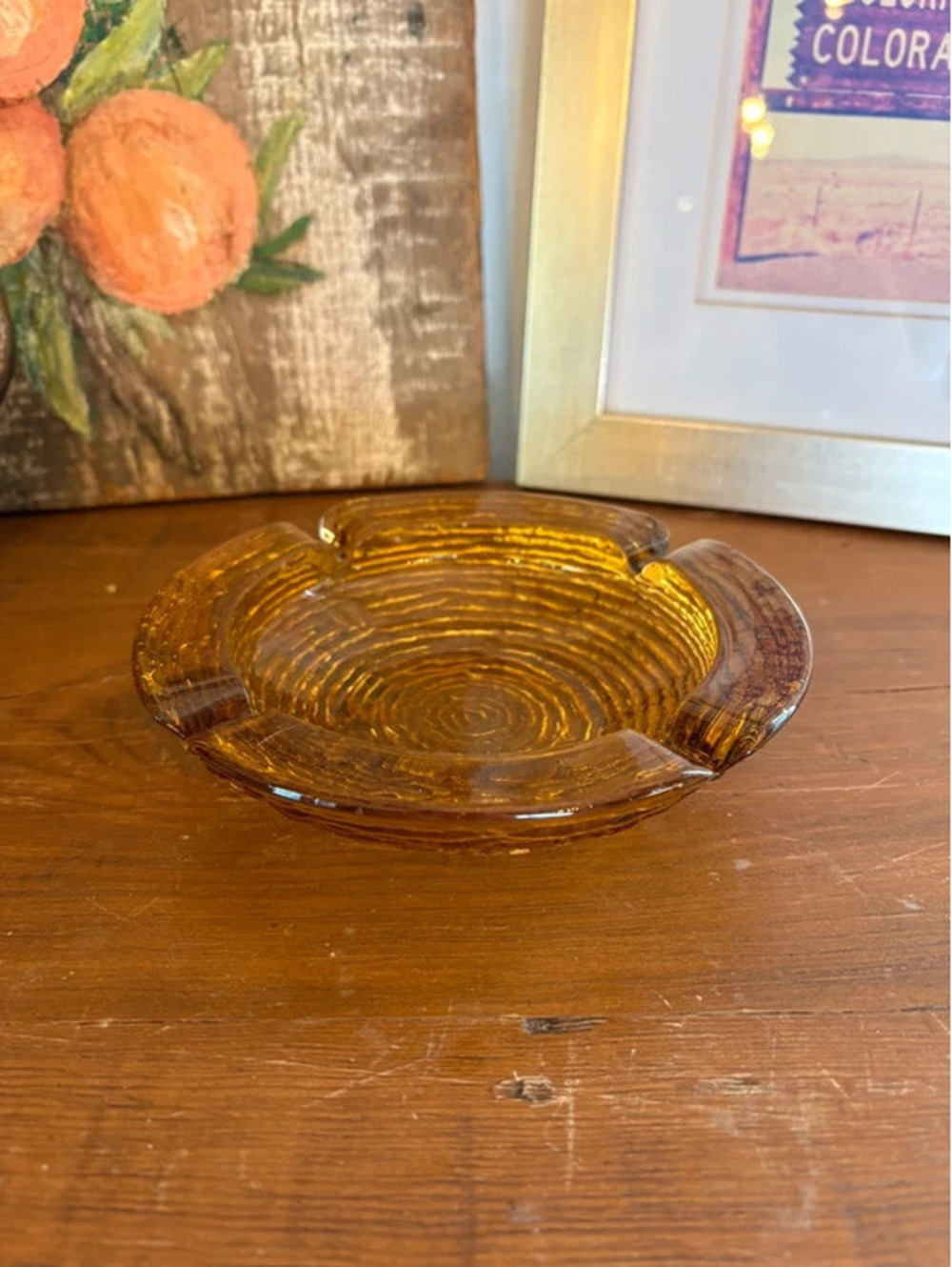Vintage Anchor Hocking Soreno Honey Gold Amber Textured Glass Ashtray MCM 6”